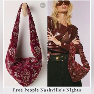 Free People Nashville Nights Beaded Velvet Embroidered Hobo Bag - Deep Red